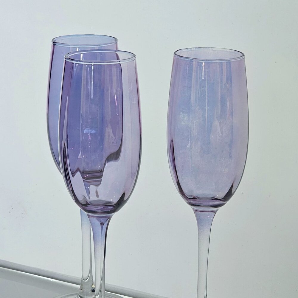3 Monaco Optic Plum Champagne Flute 8.25" glasses Cristal d'Arques France romant - Picture 3 of 9